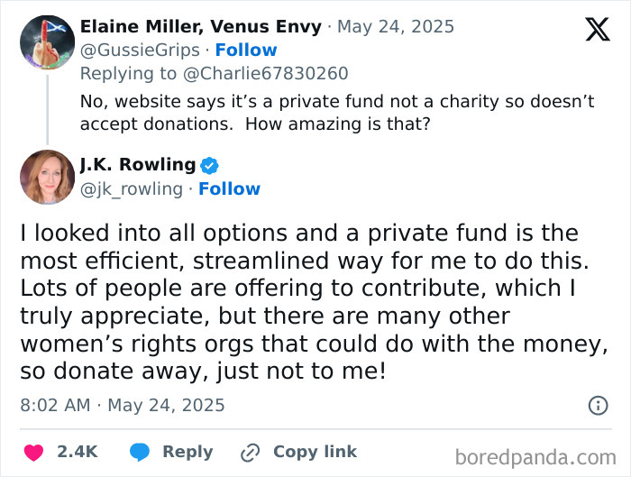 J.K. Rowling responds to fundraising questions about using Harry Potter earnings for anti-trans project support on Twitter. J.K. Rowling responds to fundraising questions about using Harry Potter earnings for anti-trans project support on Twitter.