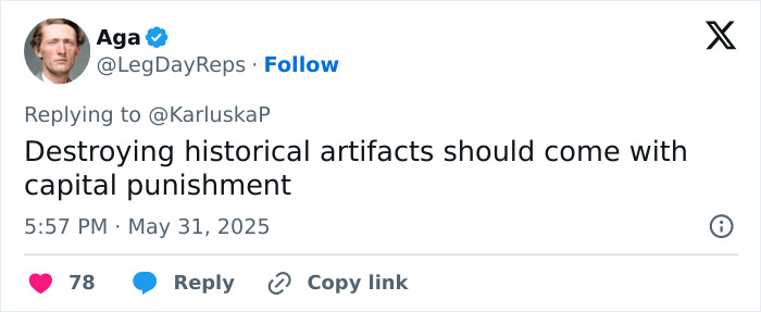 Tweet criticizing tourist for damaging 2000-year-old statues after jumping into an 18-foot pit.