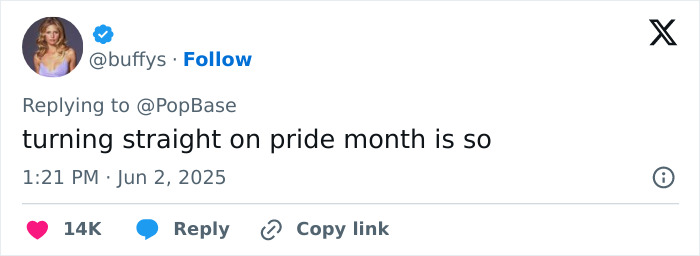 Tweet by user buffys commenting on turning straight during pride month with engagement icons below. Tweet by user buffys commenting on turning straight during pride month with engagement icons below.