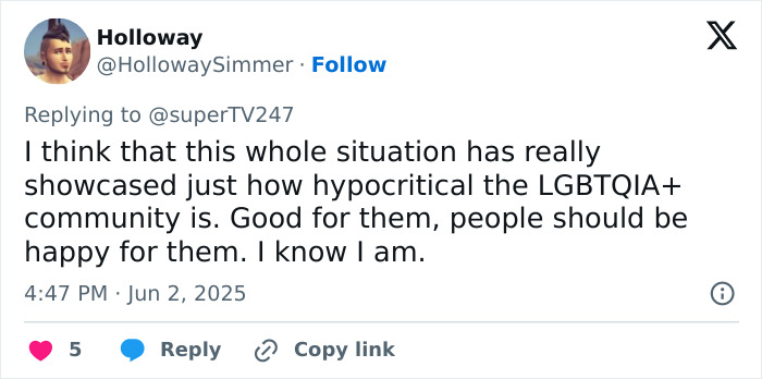 Screenshot of a social media reply discussing LGBTQIA+ community and orientation on the first day of Pride Month. Screenshot of a social media reply discussing LGBTQIA+ community and orientation on the first day of Pride Month.