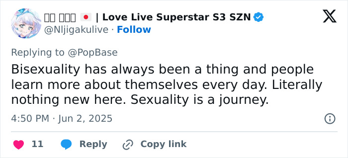 Screenshot of a tweet discussing bisexuality and sexuality as a journey in relation to JoJo Siwa's pride month orientation post backlash. Screenshot of a tweet discussing bisexuality and sexuality as a journey in relation to JoJo Siwa's pride month orientation post backlash.