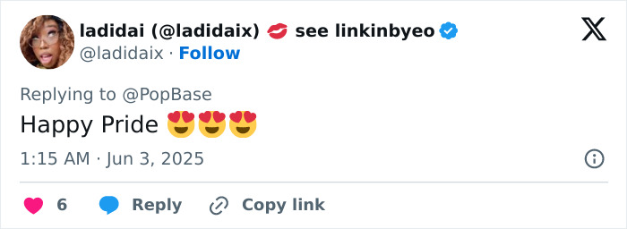 Screenshot of a tweet replying to PopBase celebrating Pride with heart-eye emojis and mentioning JoJo Siwa’s record label situation. Screenshot of a tweet replying to PopBase celebrating Pride with heart-eye emojis and mentioning JoJo Siwa’s record label situation.