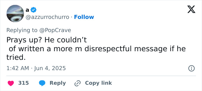 Screenshot of a Twitter reply criticizing Chris Pratt’s callous tribute to Parks and Rec co-star’s passing. Screenshot of a Twitter reply criticizing Chris Pratt’s callous tribute to Parks and Rec co-star’s passing.