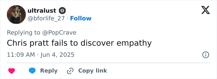 Screenshot of a tweet criticizing Chris Pratt for a callous tribute related to Parks and Rec co-star’s passing. Screenshot of a tweet criticizing Chris Pratt for a callous tribute related to Parks and Rec co-star’s passing.