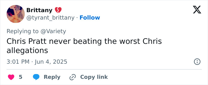 Tweet criticizing Chris Pratt over allegations, sparking heated reactions after tribute to Parks and Rec co-star's passing. Tweet criticizing Chris Pratt over allegations, sparking heated reactions after tribute to Parks and Rec co-star's passing.
