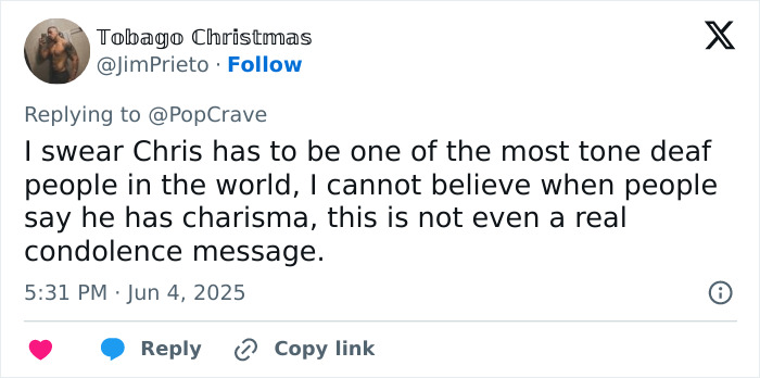 Tweet criticizing Chris Pratt for a callous tribute to Parks and Rec co-star's passing, sparking heated reactions online. Tweet criticizing Chris Pratt for a callous tribute to Parks and Rec co-star's passing, sparking heated reactions online.