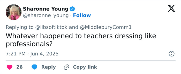 Screenshot of a tweet questioning teachers dressing professionally amid vile woman teacher resignation controversy. Screenshot of a tweet questioning teachers dressing professionally amid vile woman teacher resignation controversy.