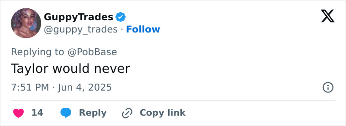 User tweet reacting to Taylor Swift as Dorothy in new Wicked movie, expressing doubt about her role with 14 likes. User tweet reacting to Taylor Swift as Dorothy in new Wicked movie, expressing doubt about her role with 14 likes.