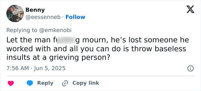 Screenshot of a social media reply defending Chris Pratt amid heated reactions over his Parks and Rec tribute. Screenshot of a social media reply defending Chris Pratt amid heated reactions over his Parks and Rec tribute.