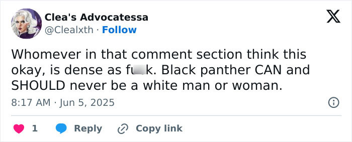 Screenshot of a tweet expressing outrage about Marvel’s new Black Panther being portrayed as a white character. Screenshot of a tweet expressing outrage about Marvel’s new Black Panther being portrayed as a white character.