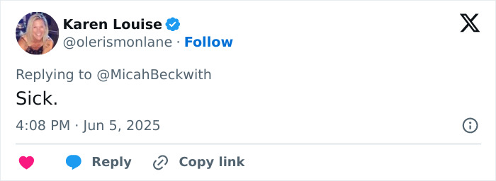 Screenshot of a Twitter reply by Karen Louise commenting "Sick" on the teacher resignation over vile woman t-shirt controversy. Screenshot of a Twitter reply by Karen Louise commenting "Sick" on the teacher resignation over vile woman t-shirt controversy.