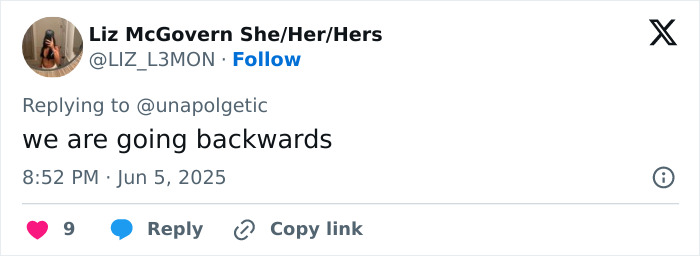 Twitter reply by Liz McGovern with the phrase we are going backwards, related to famous lesbians getting boyfriends trend. Twitter reply by Liz McGovern with the phrase we are going backwards, related to famous lesbians getting boyfriends trend.