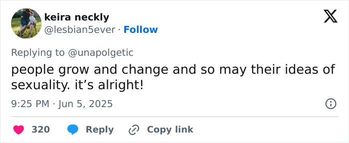 Tweet from user keira neckly discussing changes in ideas of sexuality amid famous lesbians getting boyfriends trend in 2025. Tweet from user keira neckly discussing changes in ideas of sexuality amid famous lesbians getting boyfriends trend in 2025.