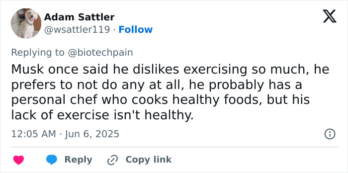 Social media comment discussing Elon Musk’s lack of exercise linked to his sudden aging after feud with Donald Trump. Social media comment discussing Elon Musk’s lack of exercise linked to his sudden aging after feud with Donald Trump.