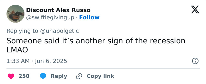 Tweet from Discount Alex Russo joking about recession, relating to the concerning trend of famous lesbians getting boyfriends. Tweet from Discount Alex Russo joking about recession, relating to the concerning trend of famous lesbians getting boyfriends.