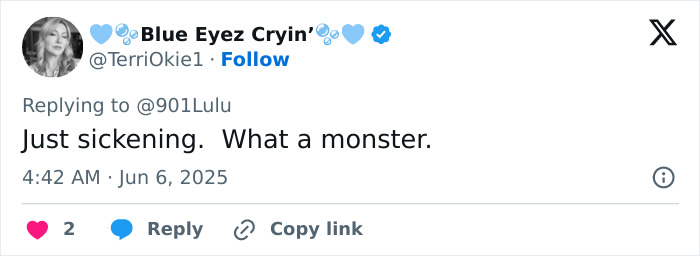 Screenshot of a social media reply calling the man who suffocated three daughters a monster, expressing disgust. Screenshot of a social media reply calling the man who suffocated three daughters a monster, expressing disgust.