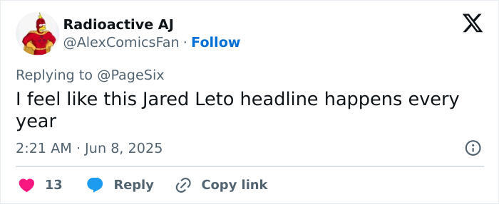 Tweet from Radioactive AJ commenting on Jared Leto headlines mentioning inappropriate underage claims in new exposé. Tweet from Radioactive AJ commenting on Jared Leto headlines mentioning inappropriate underage claims in new exposé.