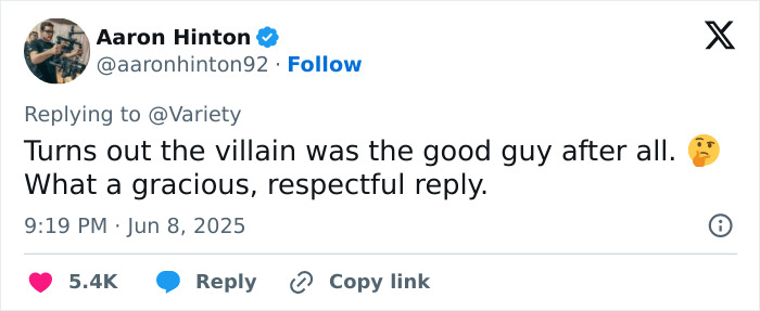 Tweet by Aaron Hinton responding to Variety, commenting on a gracious and respectful reply regarding Tom Felton and J.K. Rowling. Tweet by Aaron Hinton responding to Variety, commenting on a gracious and respectful reply regarding Tom Felton and J.K. Rowling.