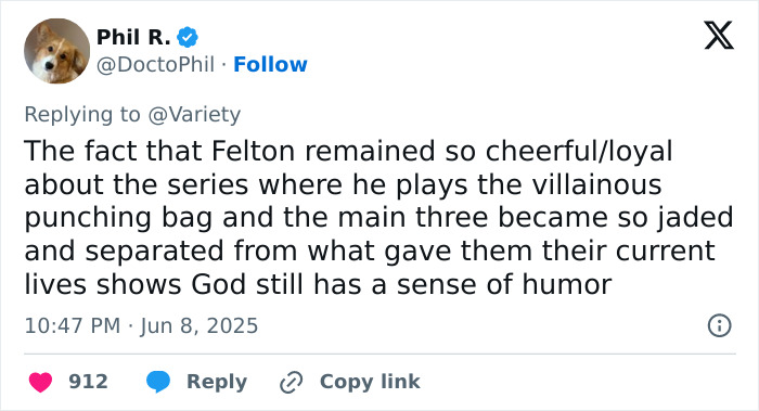 Tweet discussing Tom Felton's loyalty to the Harry Potter series amid fan reactions to his red carpet comments. Tweet discussing Tom Felton's loyalty to the Harry Potter series amid fan reactions to his red carpet comments.