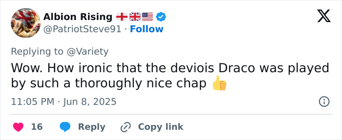 Tweet from Albion Rising reacting to Tom Felton's red carpet comments about J.K. Rowling, sparking Harry Potter fan outrage. Tweet from Albion Rising reacting to Tom Felton's red carpet comments about J.K. Rowling, sparking Harry Potter fan outrage.