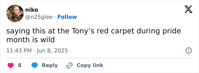 Tweet from user niko commenting on a controversial statement made at a red carpet event during pride month. Tweet from user niko commenting on a controversial statement made at a red carpet event during pride month.