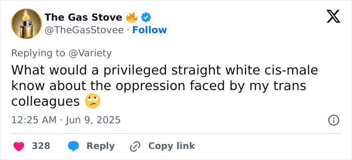 Tweet from The Gas Stove responding to Variety about oppression faced by trans colleagues, related to Tom Felton comments. Tweet from The Gas Stove responding to Variety about oppression faced by trans colleagues, related to Tom Felton comments.
