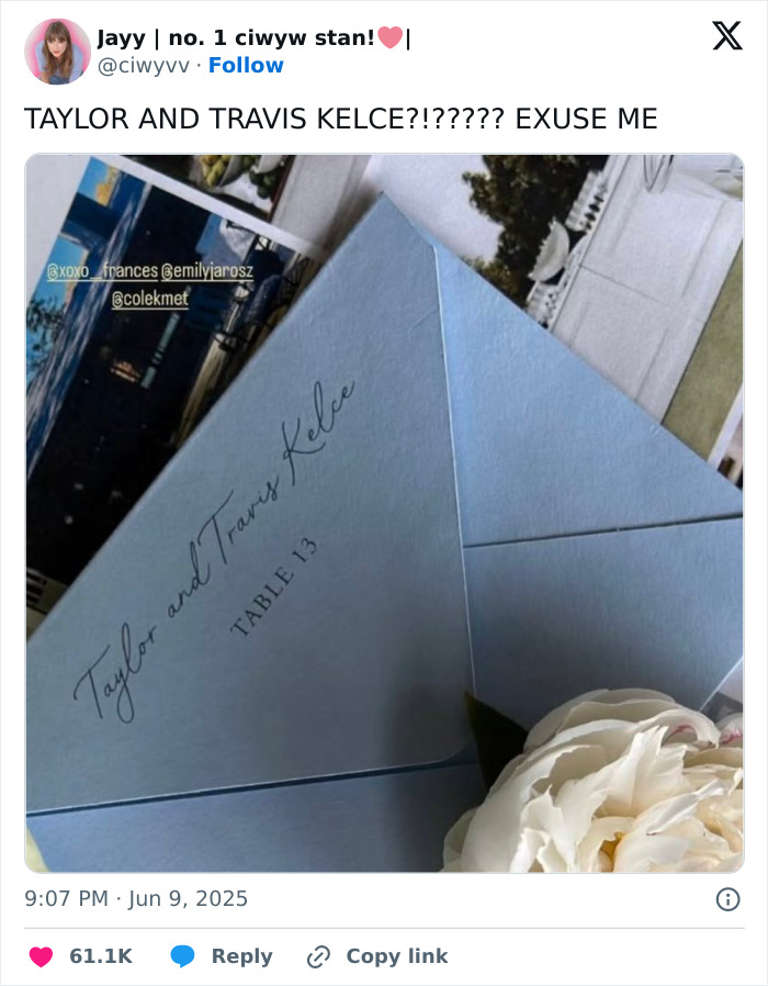 Wedding invitation with Taylor and Travis Kelce's names, sparking rumors they secretly got married after invite leaked. Wedding invitation with Taylor and Travis Kelce's names, sparking rumors they secretly got married after invite leaked.