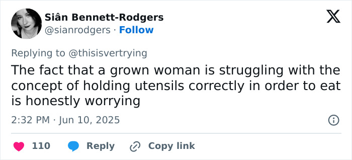 Screenshot of a tweet commenting on Americans’ primitive way of eating with cutlery and struggling to hold utensils correctly. Screenshot of a tweet commenting on Americans’ primitive way of eating with cutlery and struggling to hold utensils correctly.