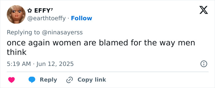 Tweet text saying once again women are blamed for the way men think referencing tone deaf degrading misogyny. Tweet text saying once again women are blamed for the way men think referencing tone deaf degrading misogyny.