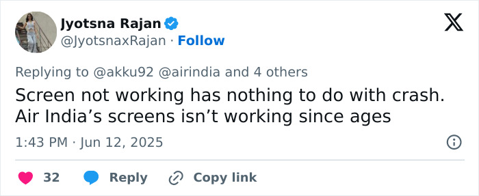 Screenshot of a passenger’s tweet exposing tech failures on Air India Boeing jet hours before crash, sparking outrage. Screenshot of a passenger’s tweet exposing tech failures on Air India Boeing jet hours before crash, sparking outrage.