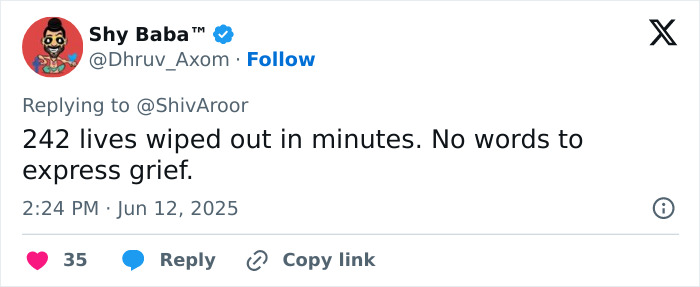 Tweet by Shy Baba expressing grief over a plane crash with 242 lives lost suggesting evil intent and unusual take-off spotted. Tweet by Shy Baba expressing grief over a plane crash with 242 lives lost suggesting evil intent and unusual take-off spotted.