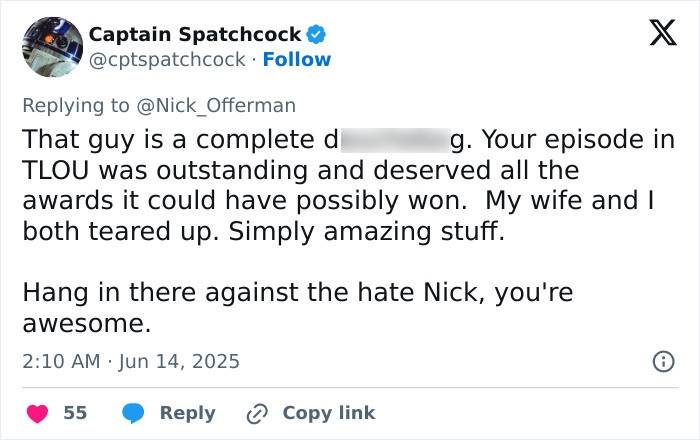 Tweet praising Nick Offerman for his performance and support against homophobia, highlighting a brutal clapback moment. Tweet praising Nick Offerman for his performance and support against homophobia, highlighting a brutal clapback moment.