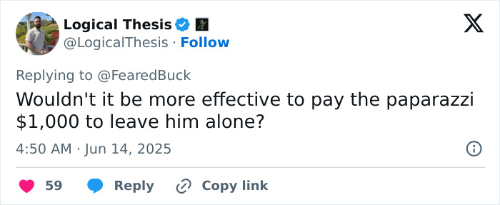 Tweet from Logical Thesis suggesting paying paparazzi $1,000 to leave Justin Bieber alone during a wild exchange. Tweet from Logical Thesis suggesting paying paparazzi $1,000 to leave Justin Bieber alone during a wild exchange.