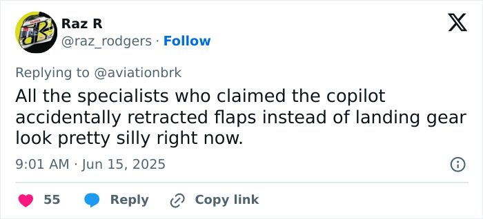 Tweet discussing specialists' claims about Air India plane's flaps retraction before crash linked to eerie silence clip analysis.
