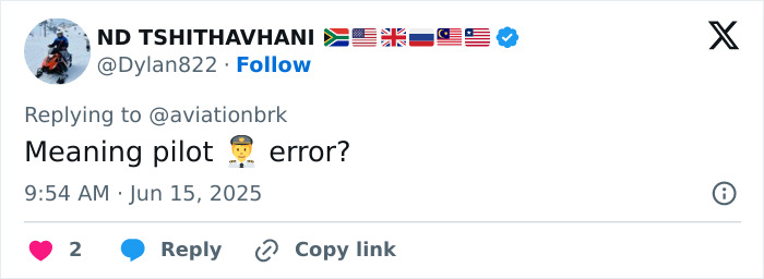 Screenshot of a tweet discussing possible pilot error in the Air India plane crash and eerie silence before the accident. Screenshot of a tweet discussing possible pilot error in the Air India plane crash and eerie silence before the accident.
