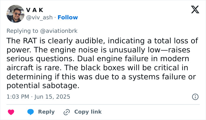 Social media comment discussing engine noise and potential causes in Air India plane crash, referencing enhanced clip analysis. Social media comment discussing engine noise and potential causes in Air India plane crash, referencing enhanced clip analysis.