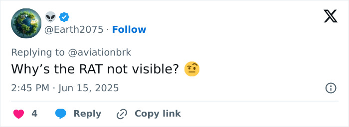 A Twitter reply questioning why the RAT is not visible in the Air India plane clip before the crash. A Twitter reply questioning why the RAT is not visible in the Air India plane clip before the crash.