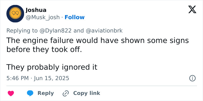 Social media comment discussing possible engine failure signs before Air India plane crash in the enhanced clip reveal.