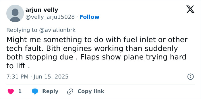 User tweet speculating on Air India plane engine and fuel inlet issues before crash, revealing possible cause of accident. User tweet speculating on Air India plane engine and fuel inlet issues before crash, revealing possible cause of accident.