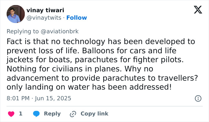 Tweet discussing lack of technology and safety measures for civilian air travelers before Air India plane crash. Tweet discussing lack of technology and safety measures for civilian air travelers before Air India plane crash.