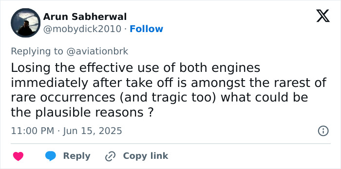 Tweet discussing rare engine failure after takeoff possibly linked to Air India plane crash cause in an enhanced clip analysis. Tweet discussing rare engine failure after takeoff possibly linked to Air India plane crash cause in an enhanced clip analysis.