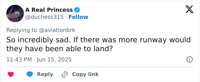 User tweet expressing sadness and questioning if more runway length could have prevented the Air India plane crash accident. User tweet expressing sadness and questioning if more runway length could have prevented the Air India plane crash accident.