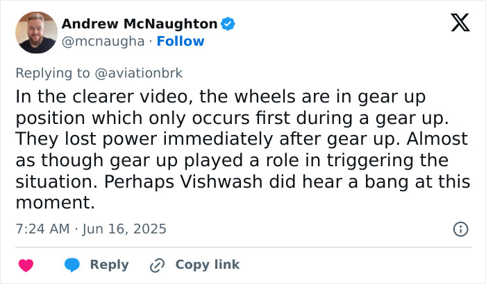 Tweet by Andrew McNaughton discussing details from a clearer video of an Air India plane before crash, suggesting gear up may reveal cause. Tweet by Andrew McNaughton discussing details from a clearer video of an Air India plane before crash, suggesting gear up may reveal cause.
