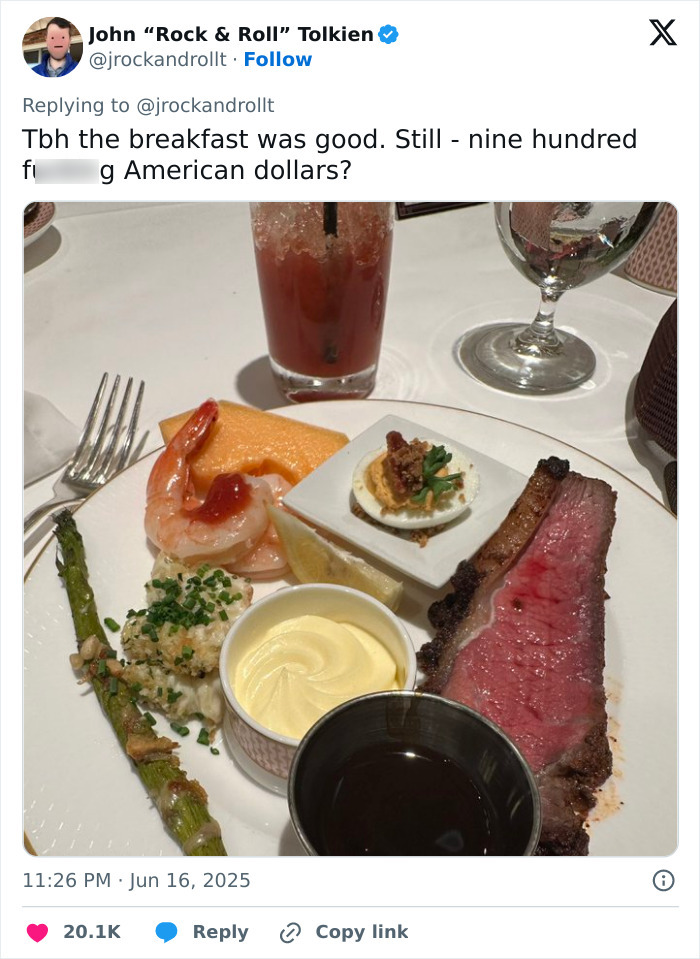 Seafood, steak, and sauces served on a plate with drinks, illustrating a pricey breakfast at Disneyland shocking a dad. Seafood, steak, and sauces served on a plate with drinks, illustrating a pricey breakfast at Disneyland shocking a dad.