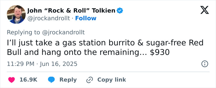 Tweet from John Tolkien joking about preferring a gas station burrito after a shocking $1K breakfast bill at Disneyland. Tweet from John Tolkien joking about preferring a gas station burrito after a shocking $1K breakfast bill at Disneyland.