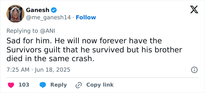 Tweet expressing sympathy for sole survivor of Air India crash, highlighting survivor's guilt over brother’s death in same crash. Tweet expressing sympathy for sole survivor of Air India crash, highlighting survivor's guilt over brother’s death in same crash.