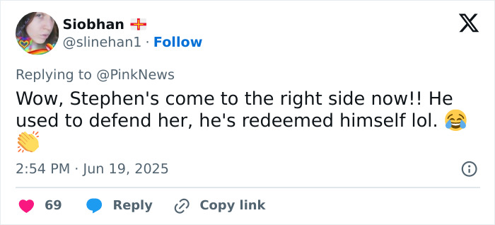 Twitter reply about Stephen Fry criticizing J.K. Rowling, highlighting his change of stance and calling her a lost cause. Twitter reply about Stephen Fry criticizing J.K. Rowling, highlighting his change of stance and calling her a lost cause.