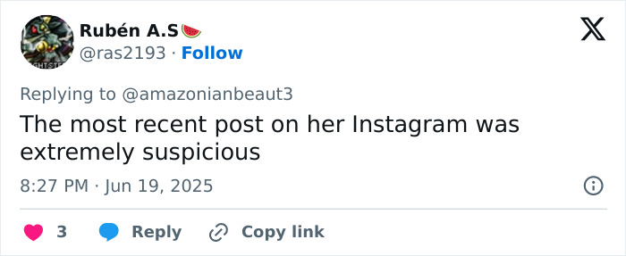 Screenshot of a Twitter reply stating the most recent Instagram post was extremely suspicious. Screenshot of a Twitter reply stating the most recent Instagram post was extremely suspicious.