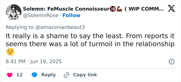 Tweet about turmoil in relationship of bodybuilder dubbed She Hulk, highlighting concerns over women’s safety and violence risks.