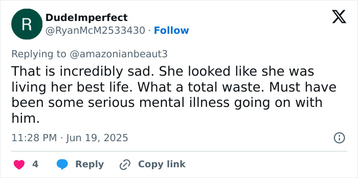Tweet expressing sadness over the bodybuilder dubbed She Hulk fatally harmed by husband, highlighting women's safety concerns. Tweet expressing sadness over the bodybuilder dubbed She Hulk fatally harmed by husband, highlighting women's safety concerns.